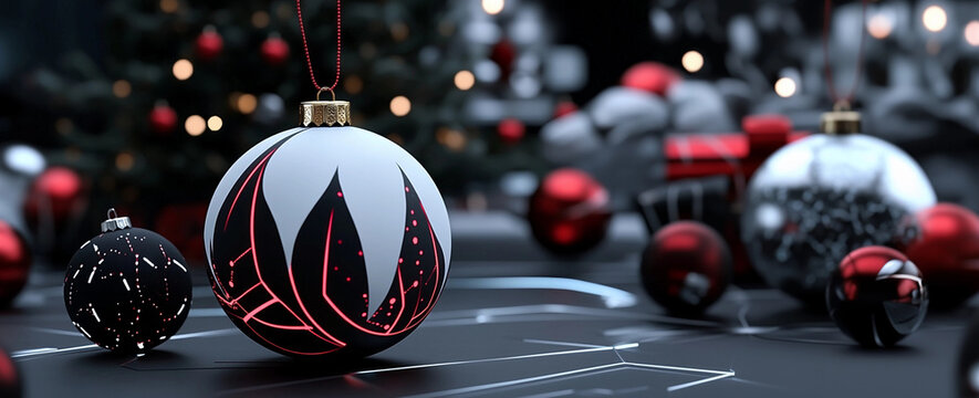 Futuristic Christmas decorations with geometric pattern on dark background. Winter holidays and Xmas decor concept. Close-up subject shot for banner, card with copy space - Powered by Adobe