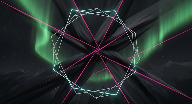 Futuristic Northern Lights Display with Geometric Overlay Design