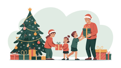 Christmas Gift Exchange: A heartwarming family scene unfolds as gifts are joyfully exchanged under the glow of Christmas spirit