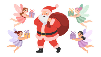 Santa's Grand Arrival: Santa Claus, the symbol of festive joy, accompanied by delightful fairies, steps forth with a jolly smile, carrying a full sack of gifts.