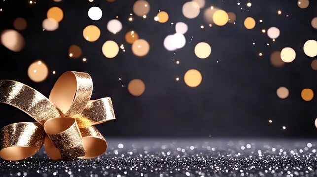 Golden ribbons shimmer against a sparkling backdrop filled with bokeh lights, perfect for holiday celebrations like New Year, Christmas, or weddings, leaving ample space for personal greetings