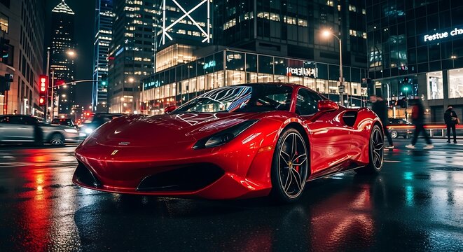 Red Ferrari 488 GTB Supercar on a Wet City Street at Night with Blurred Lights.