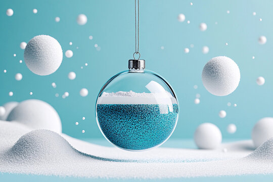Hanging Christmas glass ball with white snowflakes on blue background. Winter holidays and Xmas decor concept. Digital illustration for poster, card