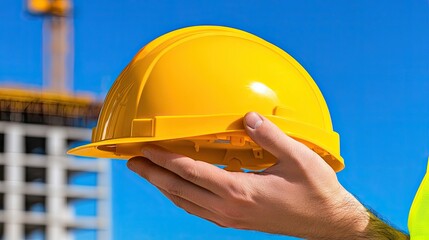 A male engineer wearing a safety vest holds a yellow helmet in his hand, standing at a construction site where a building is actively being developed, under a bright blue sky