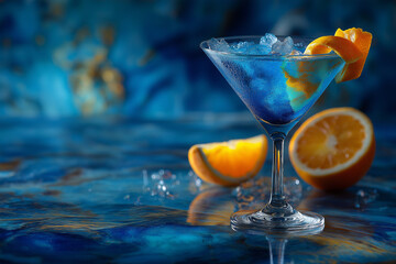Blue cocktail with orange peel and ice cubes