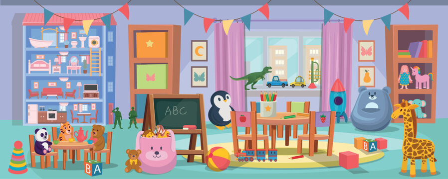 A kindergarten interior with a round table with chairs, a board, and lots of toys with a dollhouse and tea party. The children's room features calm pastel colors, cartoonish style.