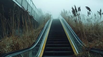 Overgrown Escalator in Dense Fog