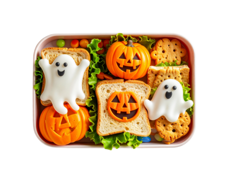  Halloween Lunchbox with Spooky Sandwiches and Candy Treats, Top View, Transparent PNG 