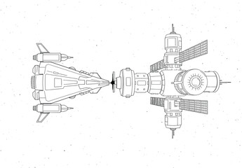 Obraz premium Space station and spaceship docked in black and white line art, space station, spaceship, docked, spacecraft, satellite, solar panels, futuristic, science fiction, outer space, cosmos, stars, galaxy, 