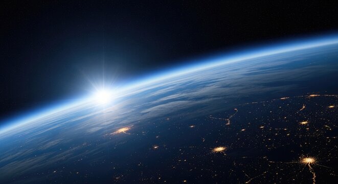 Earth sunrise view from space light over horizon glow