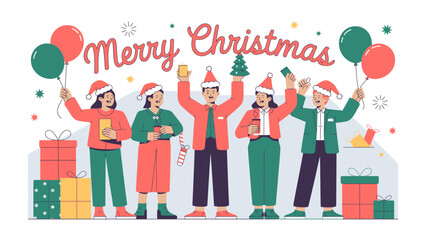 Holiday cheer: Festive individuals gather, brimming with joy, as they anticipate the joyous season of merriment and gifts. Balloons and presents are all signs of this lovely day.