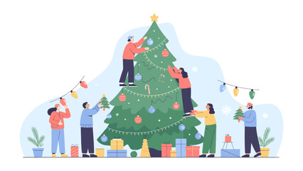 Holiday Festive Preparations: A group of individuals is immersed in decorating a christmas tree in the spirit of holiday and spreading joy. A symbol of warmth, togetherness.