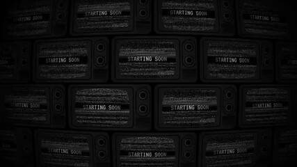 Black and white tvs displaying starting soon for events, websites, videos. Perfect for countdowns, announcements, waiting rooms, and retrothemed designs.