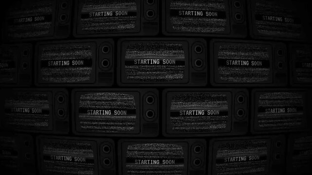 Black and white tvs displaying starting soon for events, websites, videos. Perfect for countdowns, announcements, waiting rooms, and retrothemed designs.