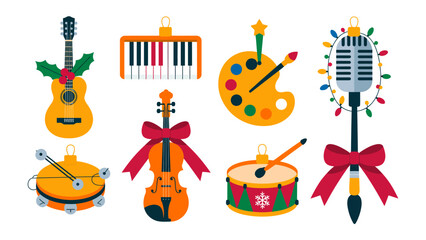 Fototapeta premium Holiday Musical Ornaments: An array of festive ornaments showcases a guitar, piano keys, a palette, a microphone, a tambourine, a violin, and a drum, each celebrating the holiday spirit