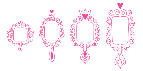 Princess mirror frame set. Hand drawn pink doodle frame princess mirror. Border photo cute baby queen decoration. Stock vector illustration isolated on white background. © Valentina