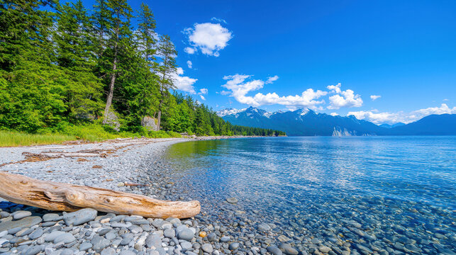 Serene landscape featuring tranquil lake surrounded by lush green trees and majestic mountains background. clear blue sky reflects calm water - Powered by Adobe