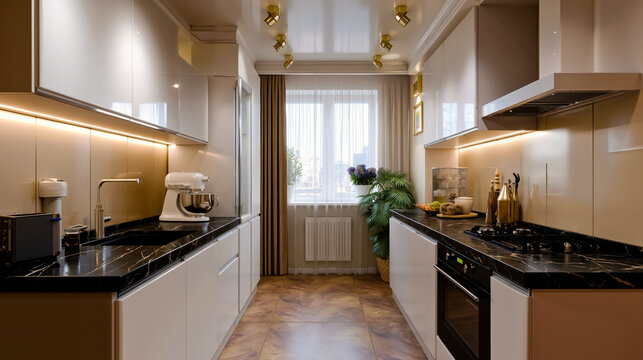 A modern kitchen with a long counter a sink a stove and a window - Powered by Adobe