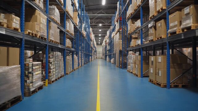 Large warehouse interior with rows of shelves full of boxes and products