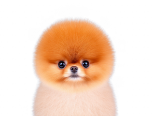 Fluffy brown and cream Pomeranian puppy with round face, big eyes, and soft fur, isolated on transparency background, adorable and cute expression, perfect for pet lovers