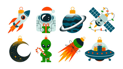 Cosmic Christmas Ornaments: A vibrant collection of space-themed holiday ornaments. Each ornament, adorned with festive details.& x20  © Abu