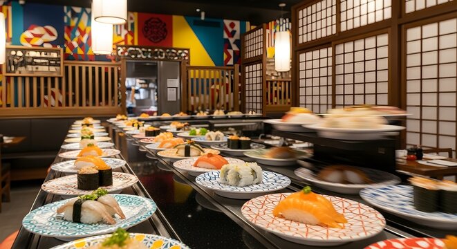 A vibrant conveyor belt sushi restaurant featuring a variety of colorful sushi plates moving along the track, creating a dynamic and appetizing scene