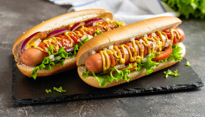 Delicious hot dogs with sauces, lettuce and onion on grey textured table, closeup