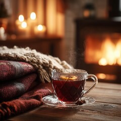 Warm winter interior with mulled wine by the fireplace, comfort, blankets, candles and hot drinks in a glass cup