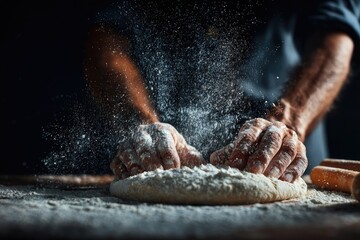 Fototapeta premium Hands vigorously knead dough on a floured surface, creating a dynamic cloud of flour