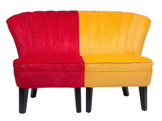 Red and yellow velvet accent chair, modern shell back design, comfortable seating, stylish home decor, living room furniture, vibrant color contrast, contemporary interior