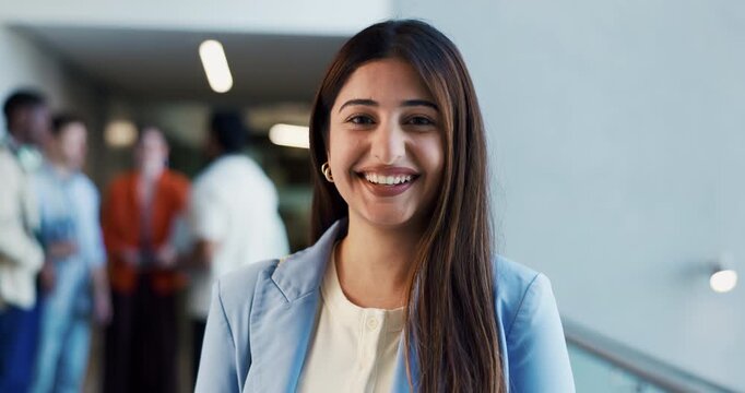 Happy woman, face and learnership program with manager for creative junior team in workplace. Portrait, female person or supervisor with smile for job, career development or company growth in office