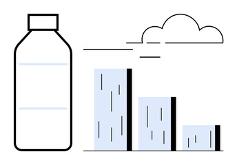 Plastic bottle beside bar chart indicating decline in trend under a cloud. Ideal for sustainability, environmental impact, plastic usage, waste reduction, recycling, pollution, and eco-awareness