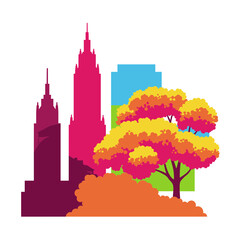 Vibrant city skyline with colorful autumn tree in foreground for urban and seasonal contrast 