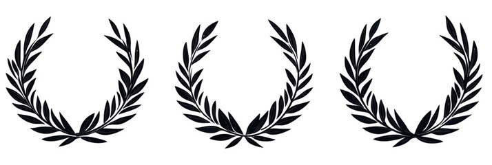 Set of three black laurel wreath silhouettes with symmetrical leaf branches in minimalist flat vector style for awards and achievements design elements