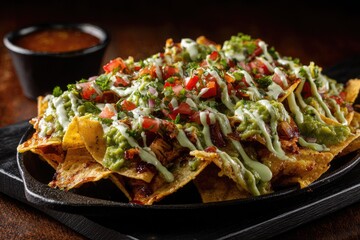 A generous plate of loaded nachos with guacamole, salsa, and creamy drizzle on a dark background