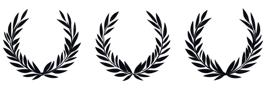 Set of three black laurel wreath silhouettes with symmetrical leaf branches in minimalist flat vector style for awards and achievements design elements