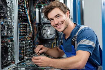 Attractive young technician fixing computer