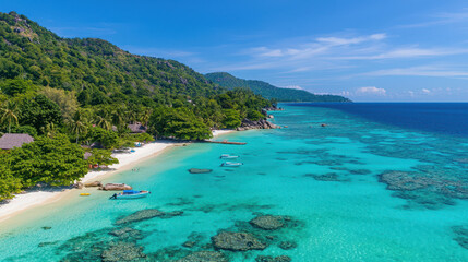 Breathtaking tropical beach with clear turquoise water, lush green hills, and boats anchored along shore, creating serene paradise