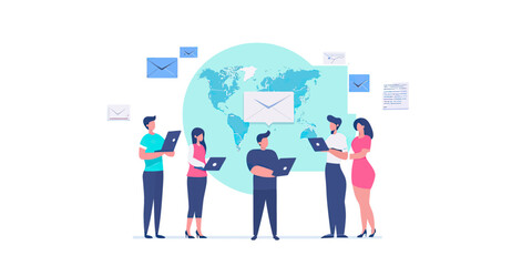 Business team using laptops and tablet sending digital email messages around globe with communication network concept flat vector illustration