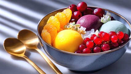 Colorful sorbet scoops and fresh berries in a bowl, offering a refreshing and healthy summer dessert experience, perfect for gourmet menus and sweet indulgence