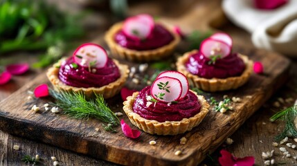 mini tartlets filled with creamy beetroot mousse, topped with thin radish slices and fresh herbs on a wooden board