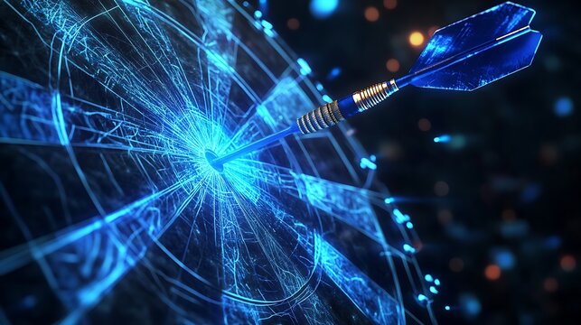 Blue dart hitting target center with digital abstract background