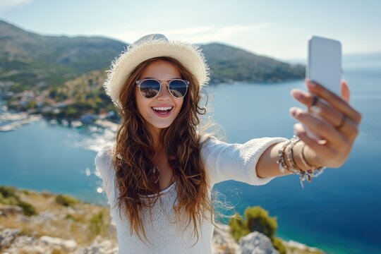 Attractive young woman takes a selfie by the sea