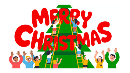 Holiday Harmony: A lively group of individuals decorates a giant Christmas tree, their hands reaching towards the star, radiating the joy and anticipation of the season.