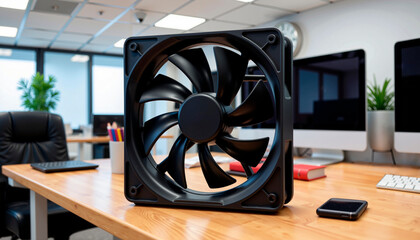 Office desktop fan fan on a wooden desk with computer and plant background  