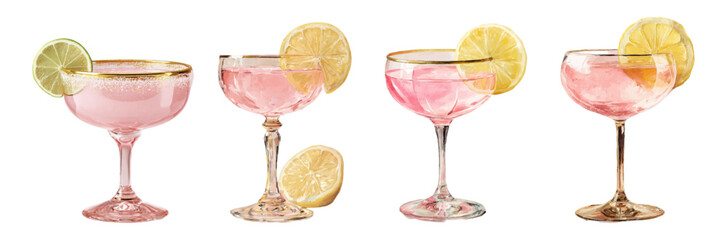 Watercolor set of glasses with pale pink cocktail. Glasses decorated with golden rims and decorated with lemon or lime slices. alcoholic vintage cocktails. Whimsic elements of bar and drinks.