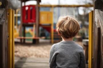 Back view of young boy in kindergarten at play area