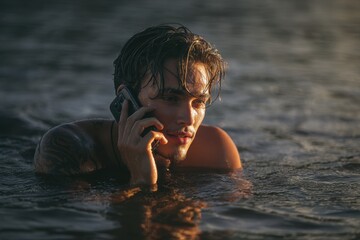 Boy in water talking on phone