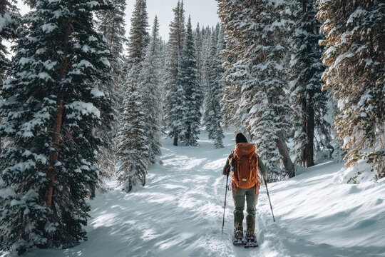 Back view of a woman splitboarding on snowy terrain surrounded by trees