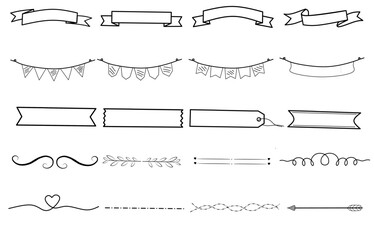 A set of hand-drawn doodle banners, ribbons, dividers, and decorative line elements in white outline on a black background. Perfect for labels, invitations, scrapbooking, digital crafts, and creative 